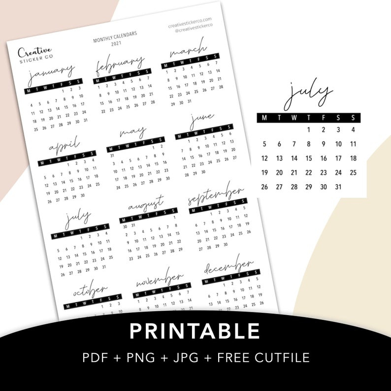 2021 Mini Calendars Printable Planner Stickers Functional 
