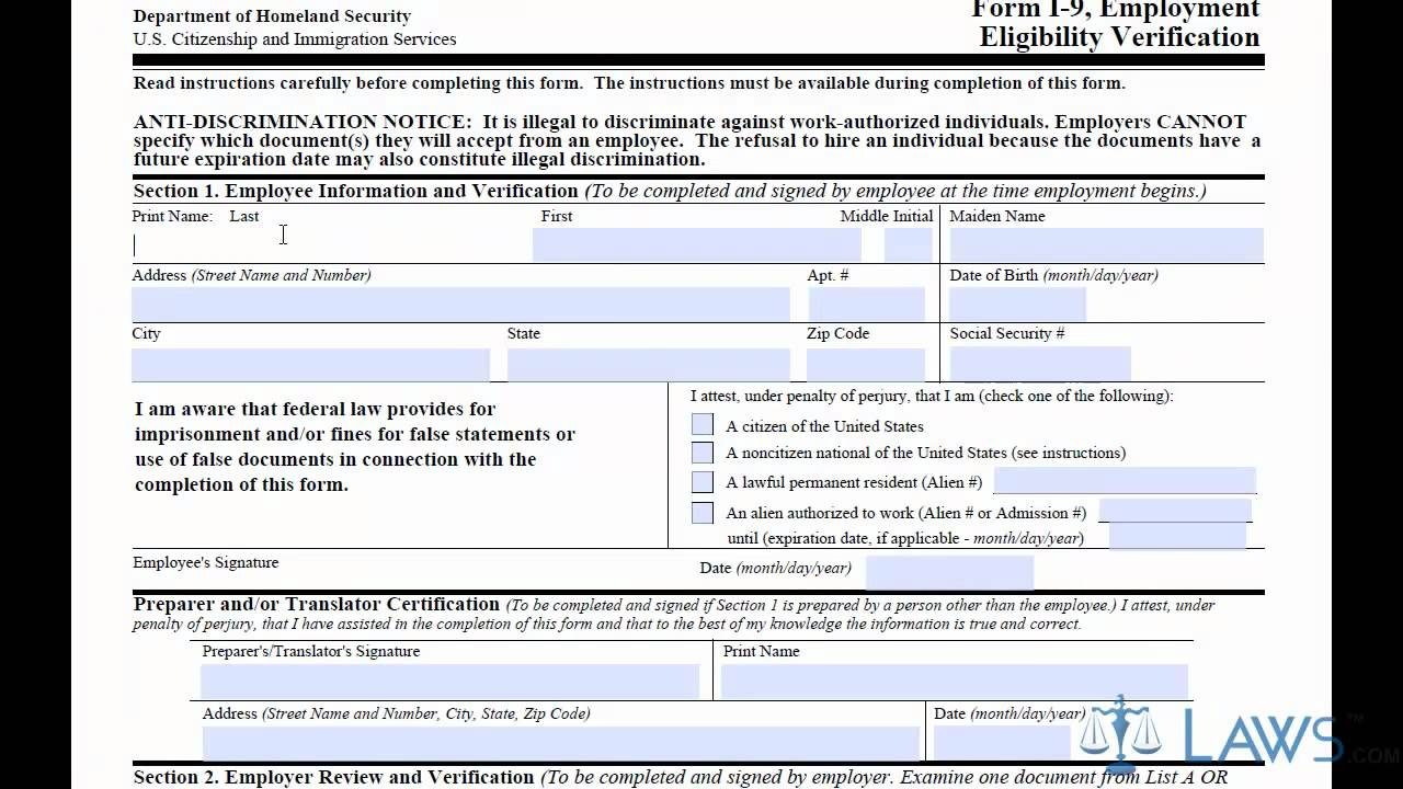I 9 Employment Form Printable Example Calendar Printable