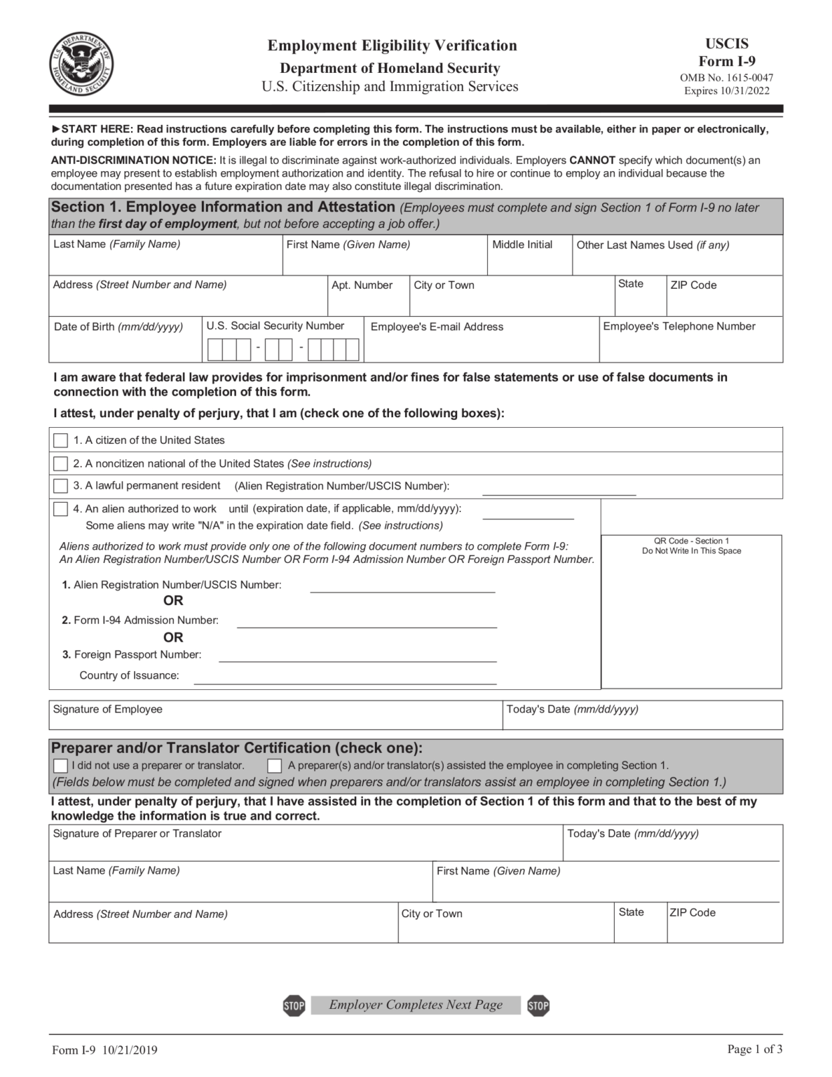Uscis Form I 9 Employment Eligibility Verification I9