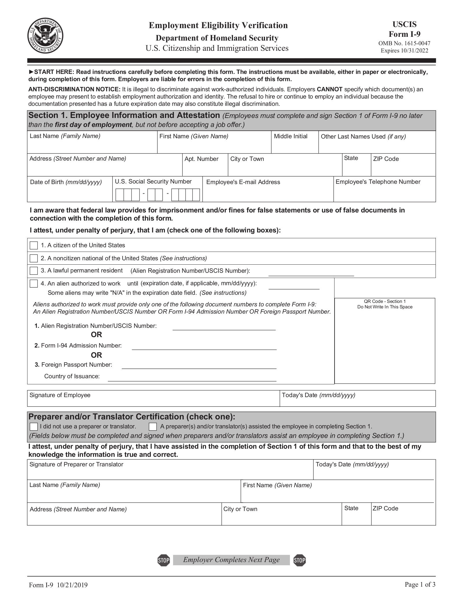 Uscis Form I 9 Download Fillable Pdf Or Fill Online I9 Form 2021 