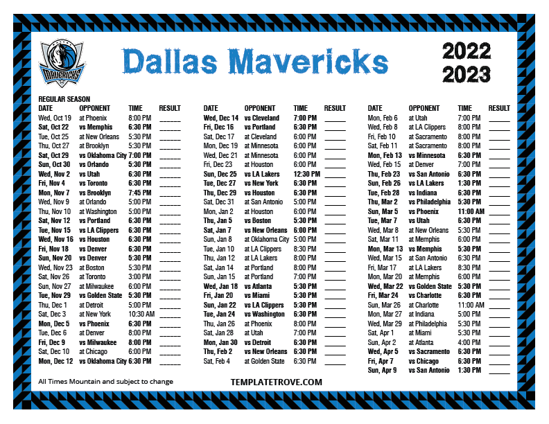 Printable 2022 2023 Dallas Mavericks Schedule