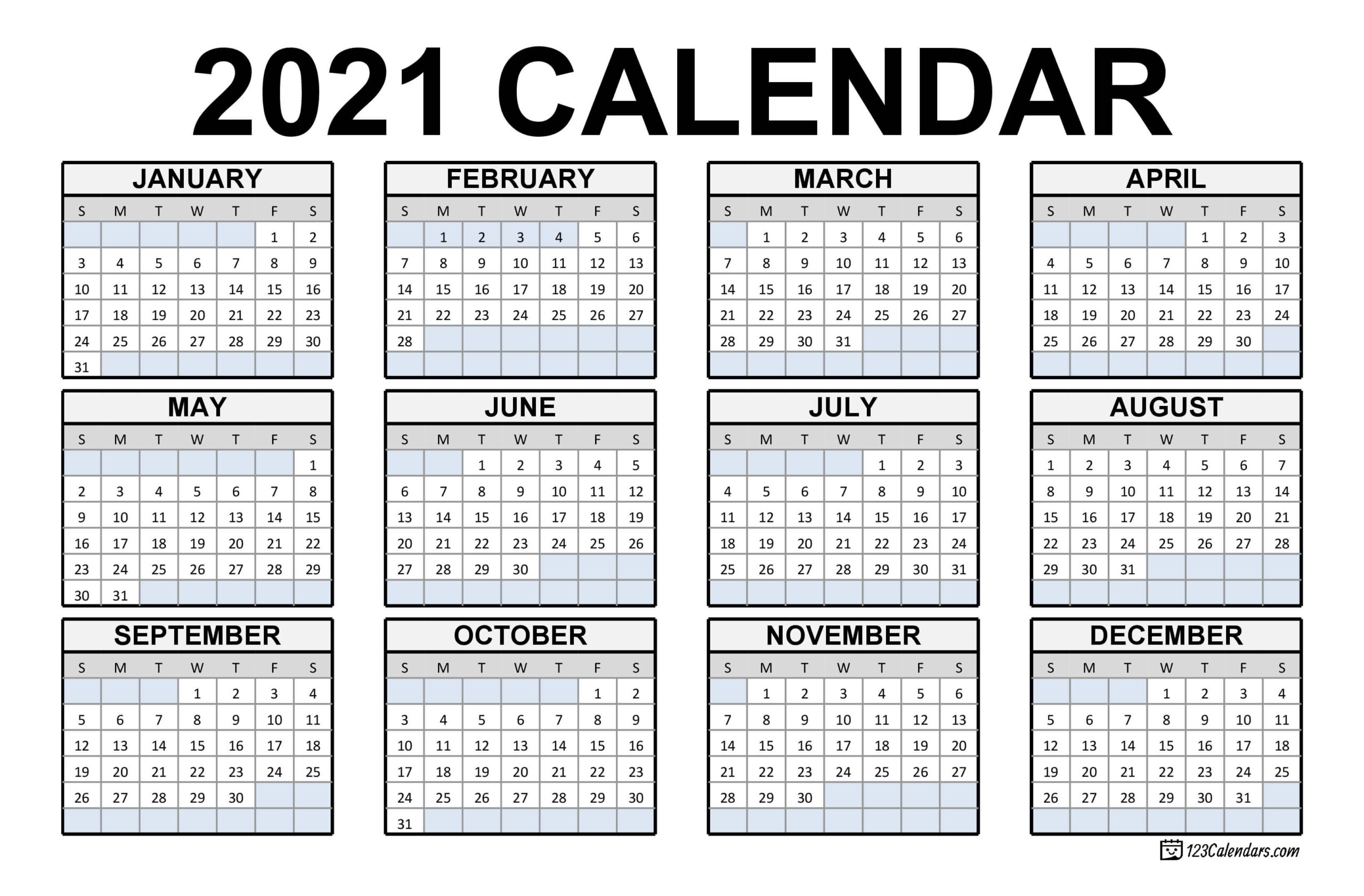 2021 Printable Calendar 123Calendars