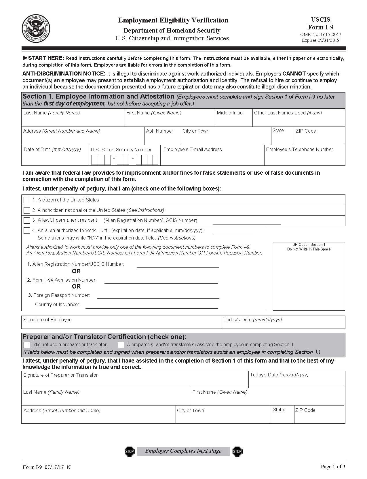 Blank I 9 Form 2020 Printable Form Free Calendar Template Printable