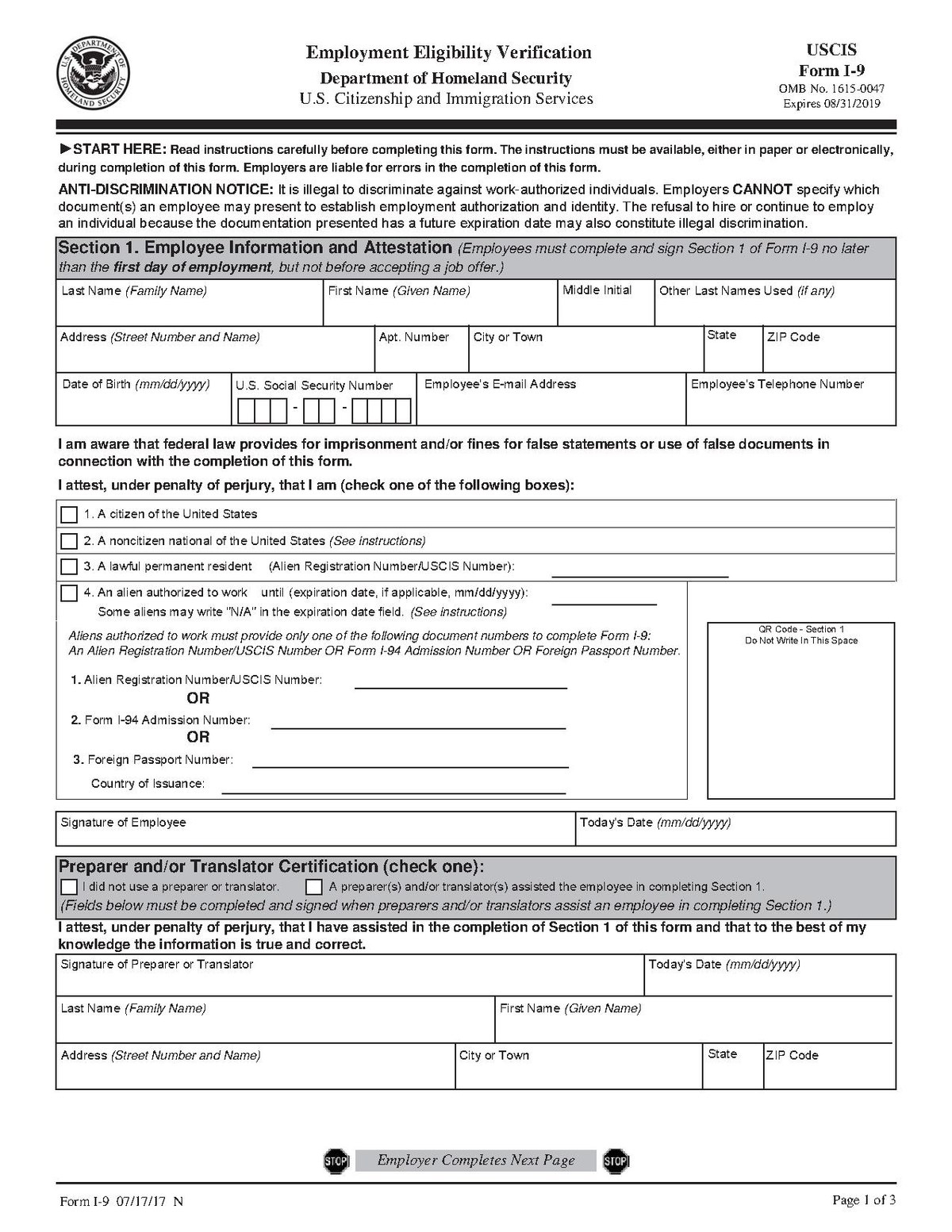 Dept Of Homeland Security USCIS Form I 9 2021 Printable I9 Form 2021 
