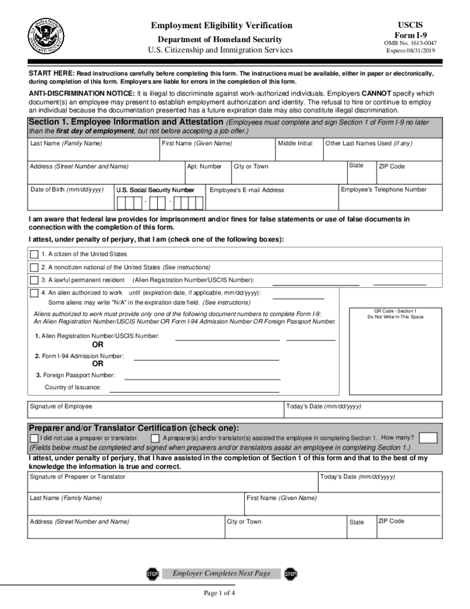 Printable Form I 9 Employment Eligibility Verification In PDF