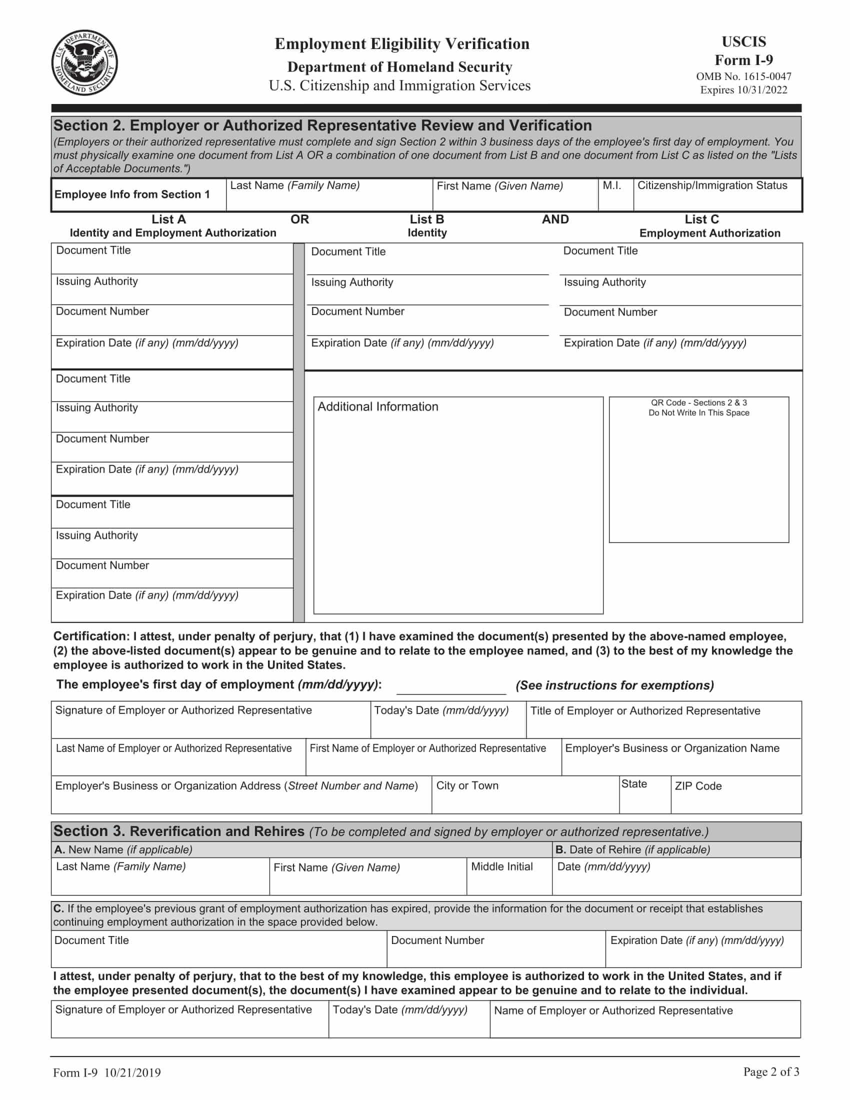 Sample I 9 Employment Eligibility Verification Form Completed Images 